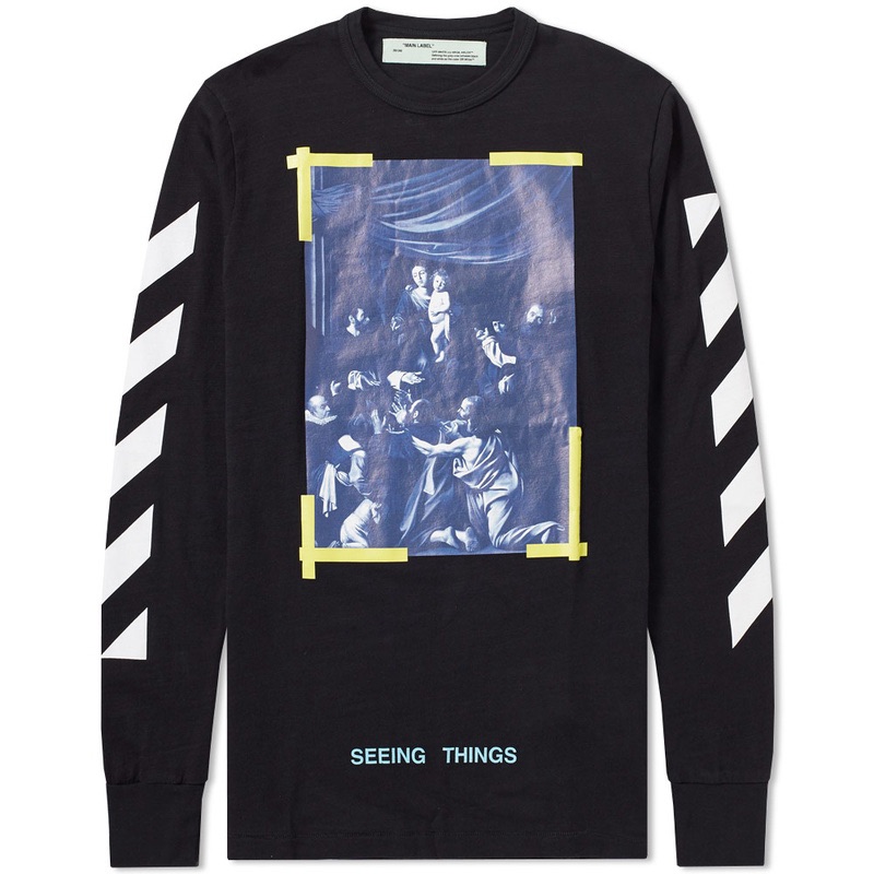 Black Long Sleeve Graphic Tee With Blue And White Design